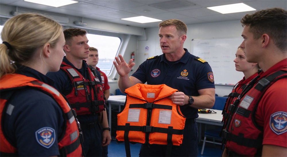 Indoor shot of Caucasian rescue instructor teaching students about water rescue life jacket safety and proper donning technique in bright training classroom environment