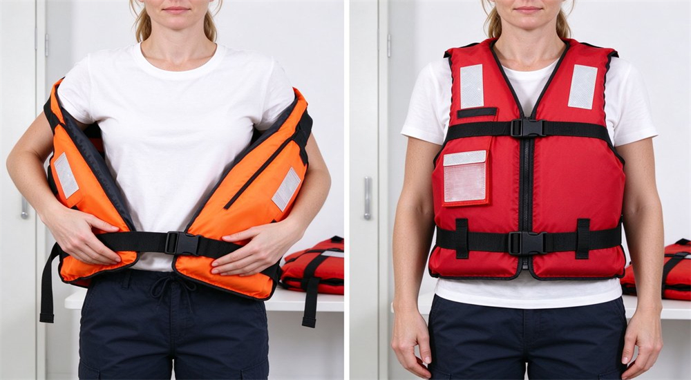 Split-screen comparison showing loose slipping life jacket on left versus properly worn adjusted tight fit with all buckles secured on right side on white background