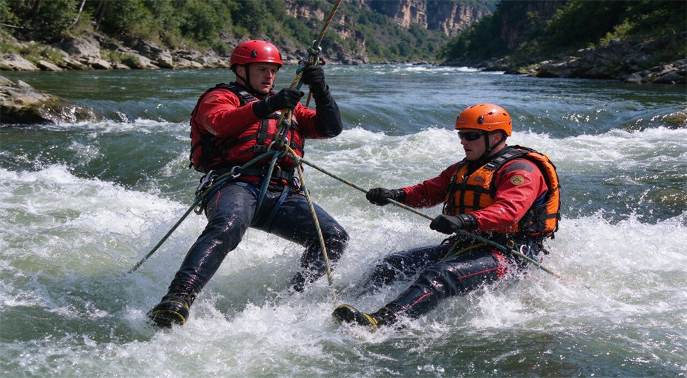 Action shot of swiftwater rapids rescue operation with rescuers wearing red professional life jackets performing rope rescue in turbulent river conditions