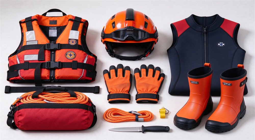 Top-down layout of complete water rescue PPE equipment including life jacket helmet gloves boots and accessories arranged neatly on white studio background