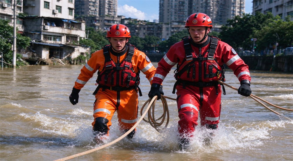 Action shot of two professional rescuers in orange-red waterproof dry suits performing flood river rescue operation, demonstrating bulk dry water rescue suits for government procurement