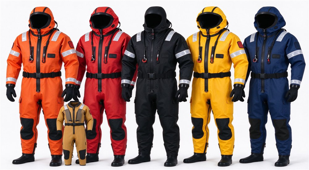 Product collection of multi-color dry rescue suits with thermal liners displayed together, showing wholesale waterproof thermal dry suits in red orange and black for institutional buyers