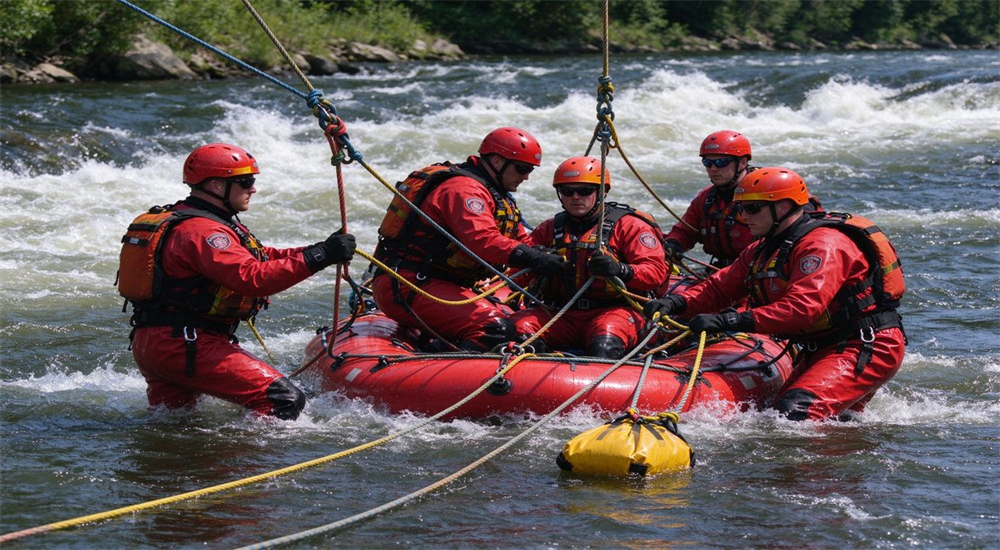 Fire department swiftwater training with multiple rescuers in red dry rescue suits practicing river rescue techniques, showcasing professional waterproof thermal dry suits for fire service procurement