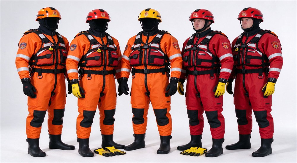 Ultra-light flood operation dry suit in orange economy model displayed on mannequin, showing lightweight 3-layer waterproof breathable fabric for bulk government emergency stockpile orders Ultra-light flood operation dry suit in orange economy model displayed on mannequin, showing lightweight 3-layer waterproof breathable fabric for bulk government emergency stockpile orders