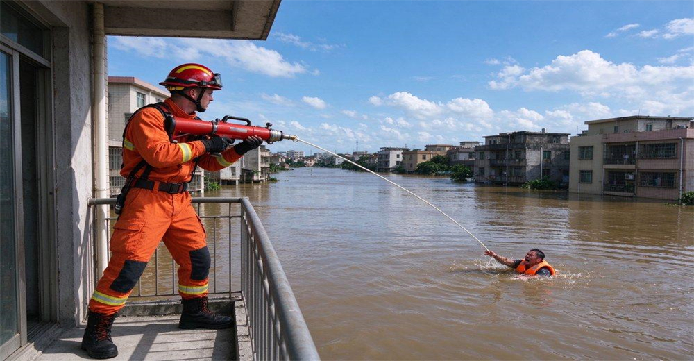 Portable pneumatic line thrower deployed during severe urban flood disaster, rescuing victim stranded on rooftop in deep water from overpass