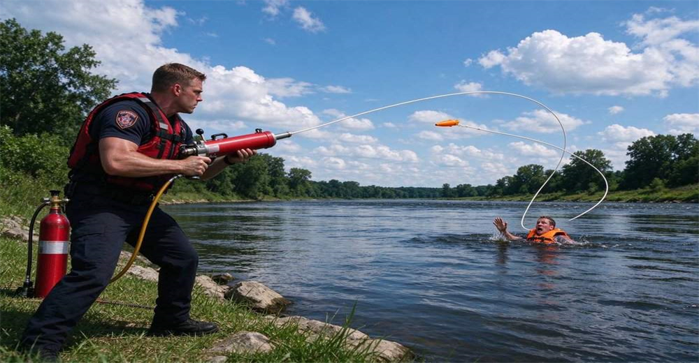 Side-by-side comparison of hand-thrown rescue rope bag versus pneumatic line thrower, showing distance accuracy and safety advantages of compressed air system