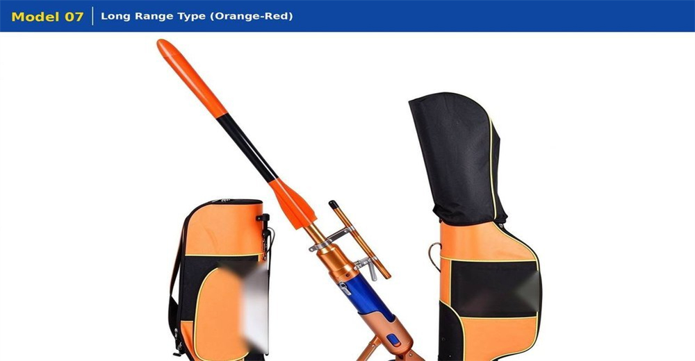 Long-range pneumatic line thrower in high-visibility orange and red on white background, tripod mounted rescue rope launcher with projectile heads complete kit product photo