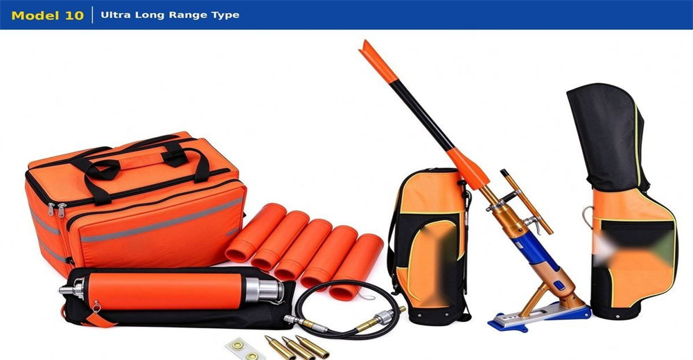 Ultra long-range pneumatic line thrower on white background, maximum range 640m land rescue system with tripod base and four projectile heads complete product photo