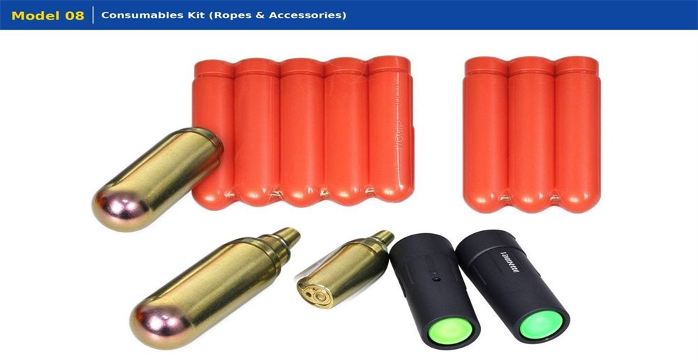 Pneumatic line thrower consumables kit on white background, replacement rocket projectiles rescue ropes CO2 cylinders and O-ring seals complete spare parts set