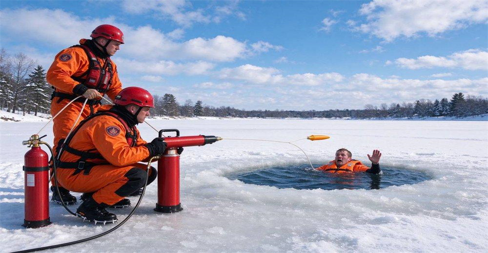 Ice rescue scene with team using pneumatic line thrower across frozen lake, victim stranded on thin ice rescue team deploying rope from safe distance long range