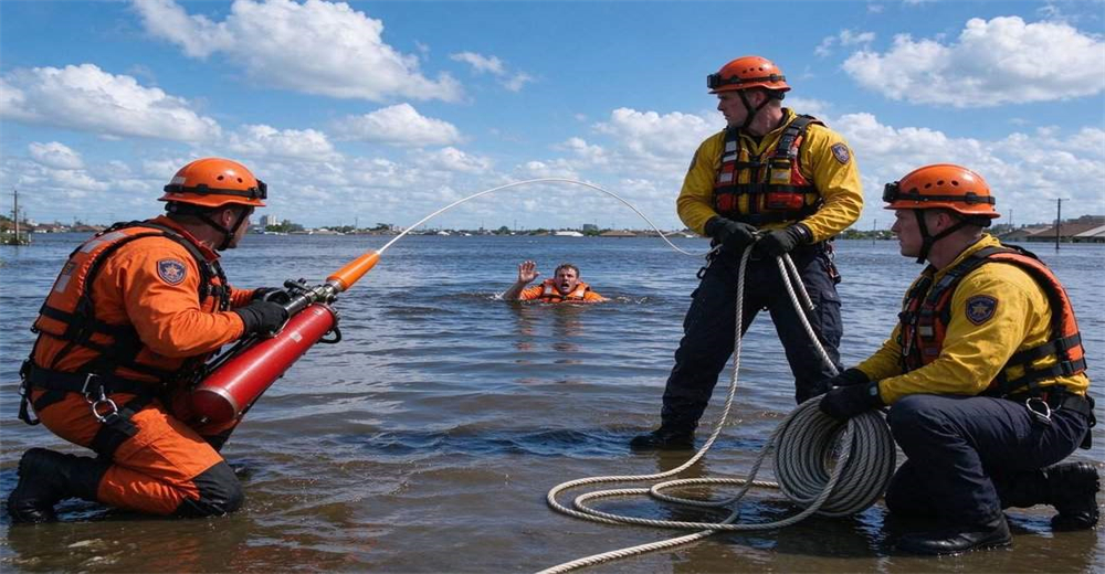 Three-person rescue team operating pneumatic line thrower for flood disaster rescue, Korean style launcher deployed during severe flooding with victim in deep water