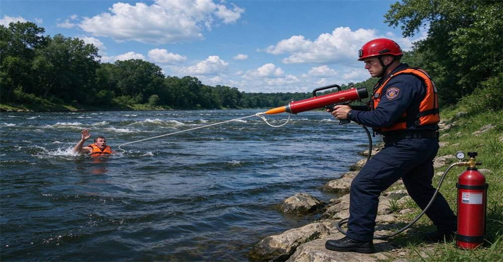 Night water rescue with spotlight illuminating victim, pneumatic line thrower deployed during dark water flood rescue operation with long range high pressure launcher