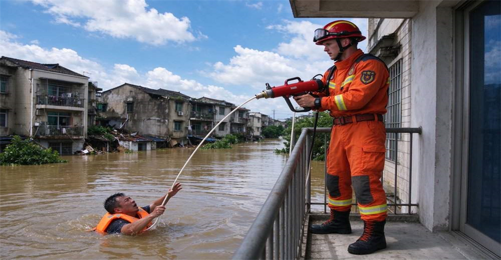 Flood urban rooftop rescue, pneumatic line thrower firing rope to stranded victim on building rooftop during severe urban flood disaster deep water rescue operation