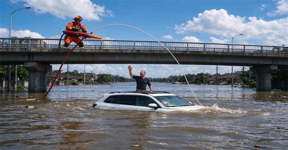 Fire department pneumatic line thrower deployed from overpass during urban flood, portable launcher rescuing victim stranded in deep water under highway overpass flood disaster