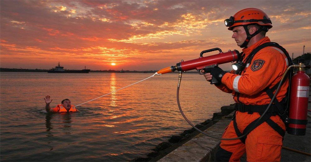 Sunset evening water rescue operation, pneumatic line thrower team deployed along coastal shoreline rescuing victim in open water during golden hour flood rescue mission
