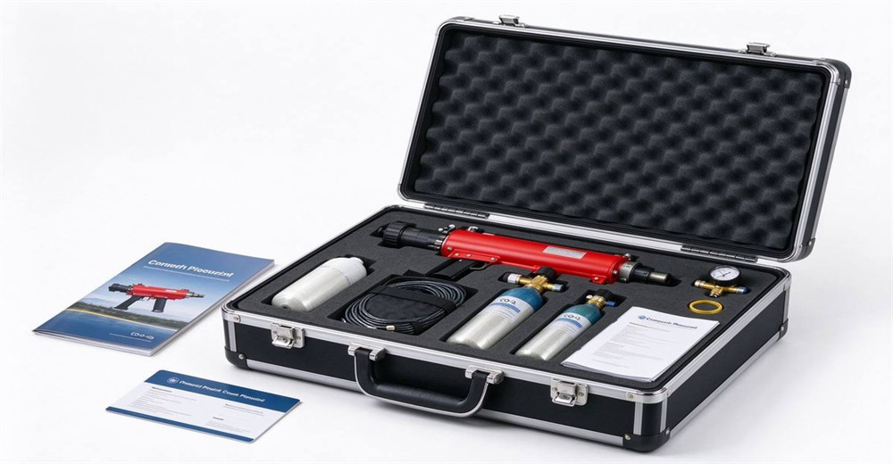 Pneumatic line thrower kit open in hard flight case ready for order, complete wholesale product display with launcher projectiles ropes and accessories in protective transport case