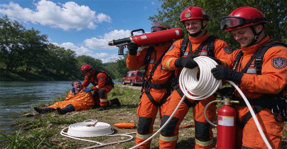 Rescue team returning after successful mission with pneumatic line thrower equipment, firefighters carrying rescue launchers back from flood water rescue operation at dusk