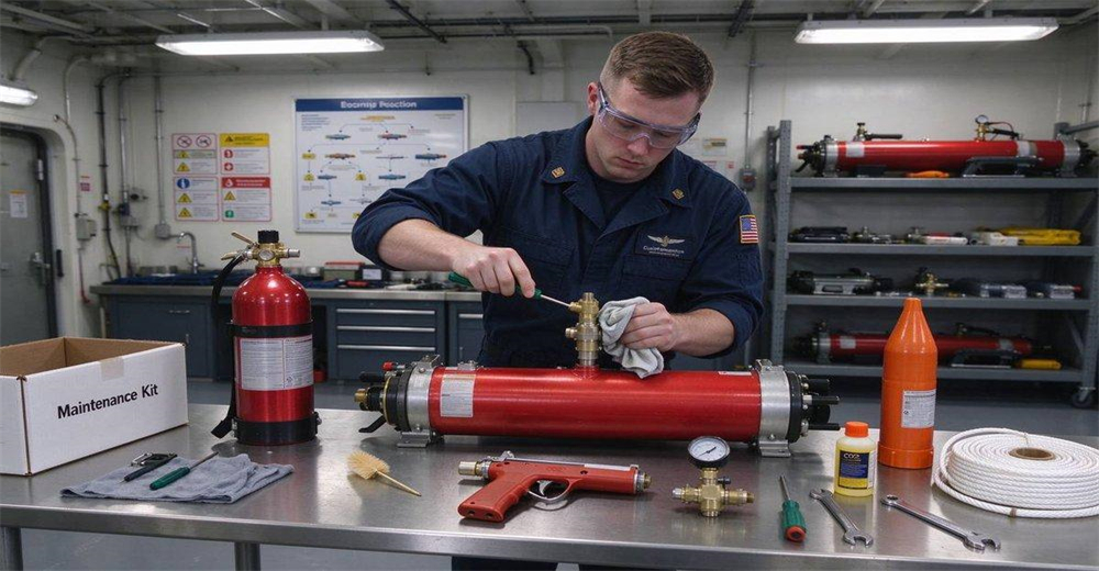 Maintenance service of pneumatic line thrower in workshop, technician servicing rescue launcher unit replacing O-rings and testing pressure system for water rescue equipment