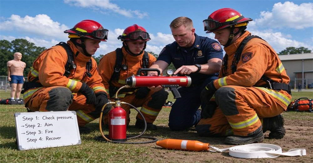 Training instruction session on pneumatic line thrower operation, instructor teaching rescue team proper handling firing technique and safety procedures for water rescue equipment