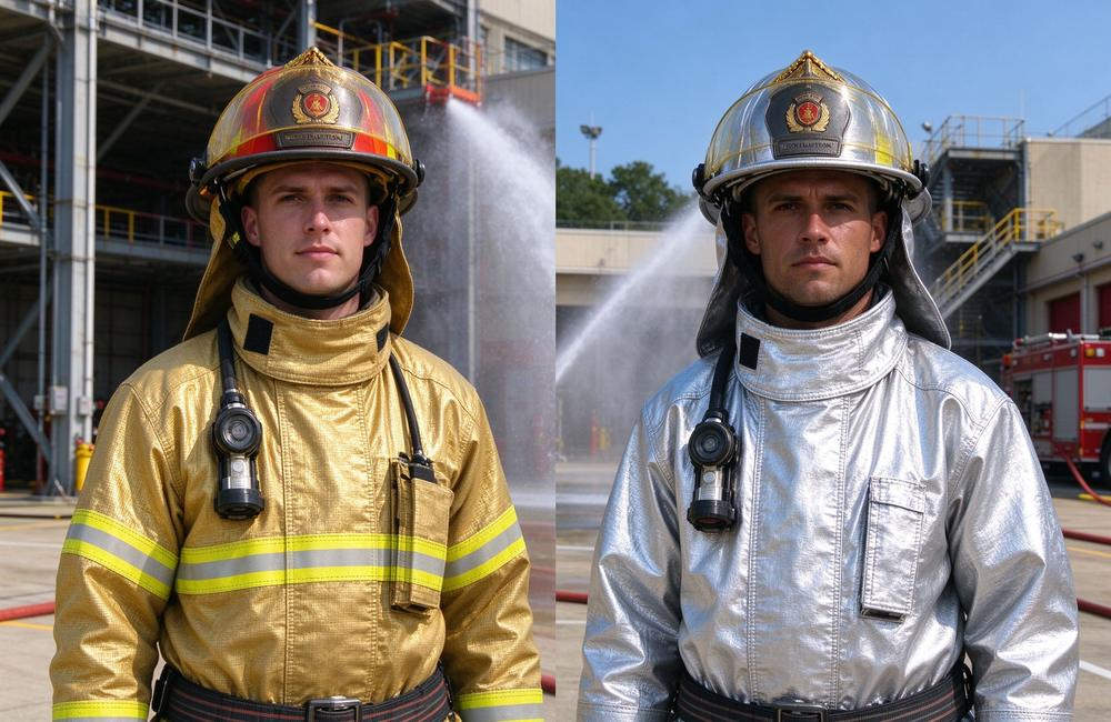 Side-by-side view of side by side fire entry suit and aluminized proximity suit showing extreme heat protection versus radiant heat protection differences for fire entry suit buyers