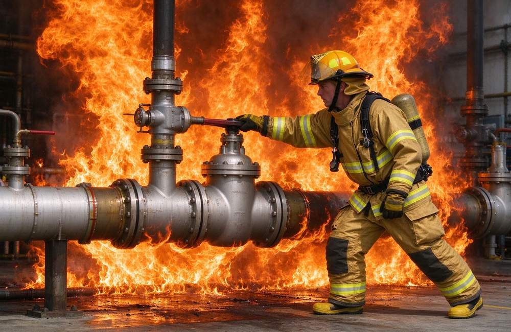 Ground-level view of carbon fiber fire entry suit team preparing for entry operation near furnace for extreme heat protection readiness in industrial fire safety programs