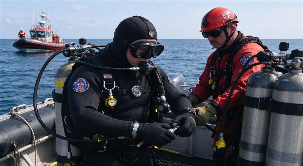 Dive team preparing on boat with black heavy-duty diving dry rescue suits, demonstrating TIZIP airtight zipper dry suits for coast guard and underwater search rescue operations