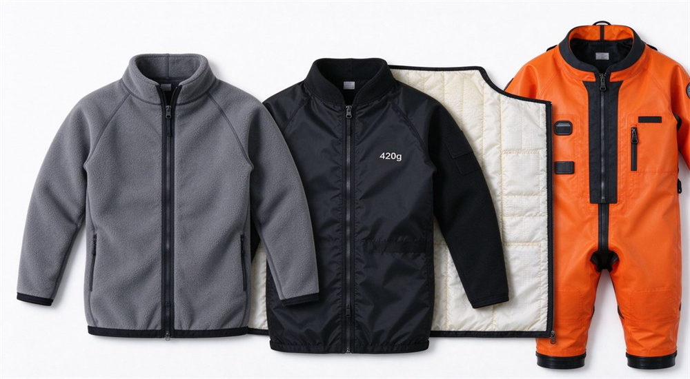 Thermal liner options for dry rescue suits showing 300g fleece and 200g Thinsulate undergarments with orange shell, illustrating insulation system for cold-water dry suit bulk orders