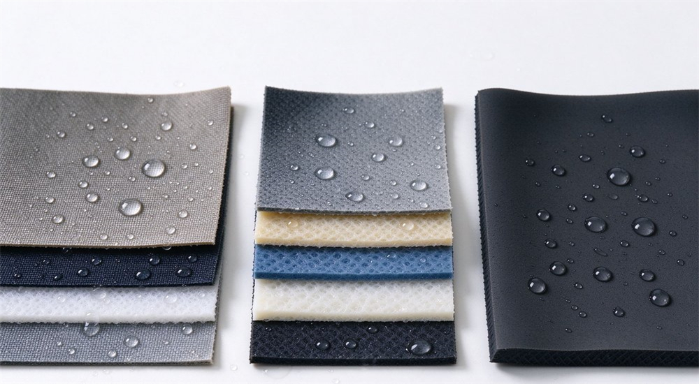 Comparison cross-section of three-layer waterproof fabric materials for dry rescue suits, showing outer shell hydrophilic PU membrane and inner tricot layer construction details