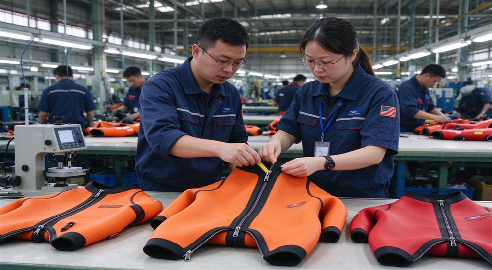 Factory QC inspection by Asian workers checking dry suit zipper and seam tape in bright workshop, demonstrating ISO 9001 quality control for wholesale dry water rescue suits manufacturing