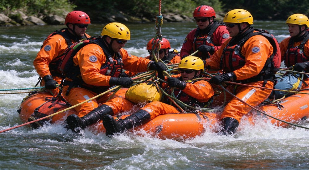 Swiftwater rescue team in full PPE with orange dry suits operating in fast river current, showing complete dry rescue suit system with helmets gloves and PFD for professional rescue teams Swiftwater rescue team in full PPE with orange dry suits operating in fast river current, showing complete dry rescue suit system with helmets gloves and PFD for professional rescue teams