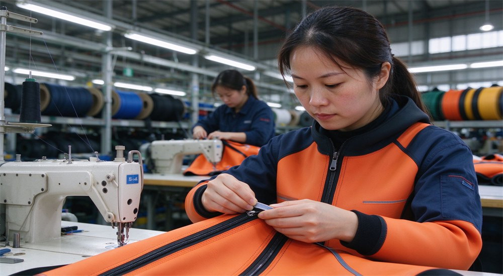 Asian factory QC worker inspecting dry suit seam tape quality in production workshop, demonstrating heat-taped seam construction and waterproof integrity verification for institutional buyers
