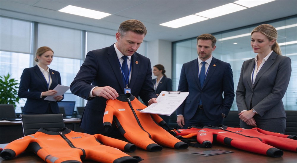Government procurement officers reviewing dry suit samples in bright conference room, showing tender evaluation process for bulk dry rescue suits with technical documentation and test reports Government procurement officers reviewing dry suit samples in bright conference room, showing tender evaluation process for bulk dry rescue suits with technical documentation and test reports