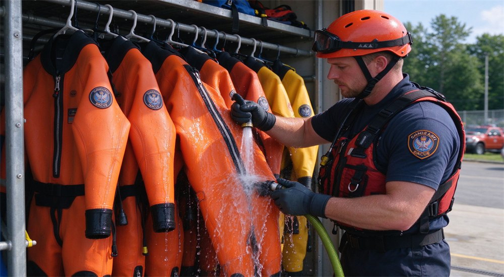 Dry suit maintenance with rinsing and hanging in gear room showing orange rescue suits, illustrating proper post-use cleaning procedure and storage for extending dry rescue suit service life