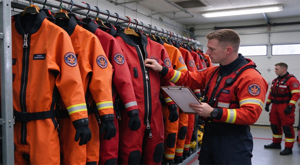 Western rescue worker inspecting dry suits in gear room for maintenance and quality assurance, showing pre-deployment inspection checklist for wholesale bulk dry rescue suits inventory