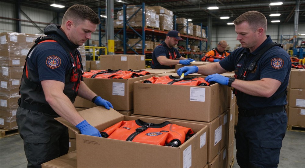 Western warehouse workers packing water rescue dry suits for bulk order shipping, showing government stockpile fulfillment and packaging logistics for institutional procurement delivery