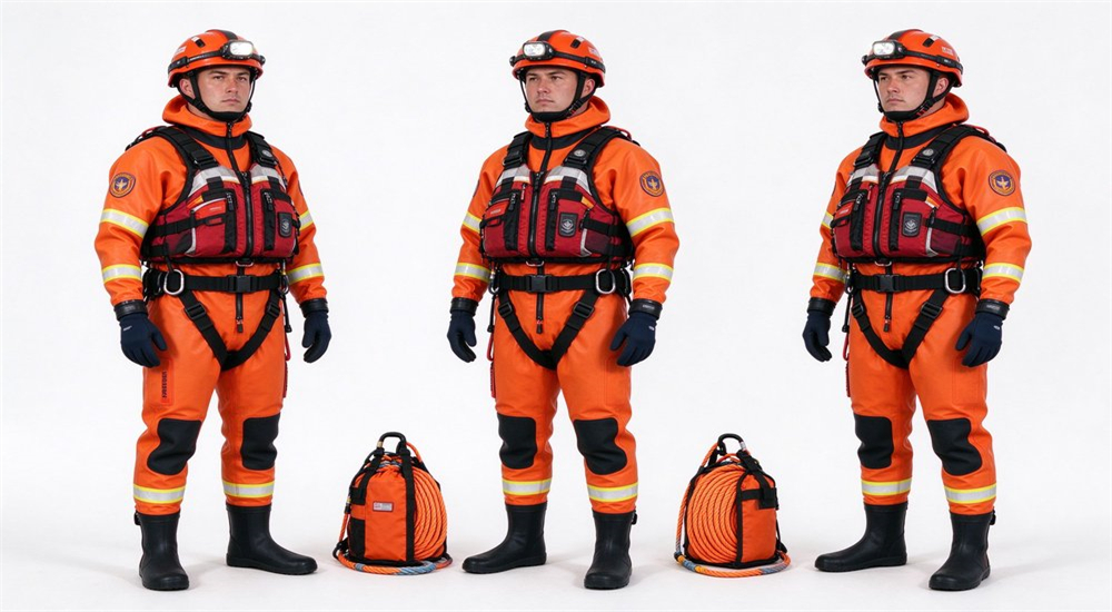 Complete PPE system full gear display with orange rescuer in multi-angle view, showing customized dry rescue suit configuration with logo printing and color options for bulk orders