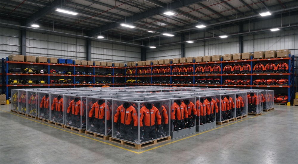 Government emergency stockpile warehouse with organized dry suit inventory on shelves, showing multi-year fleet planning and reserve storage for disaster response procurement