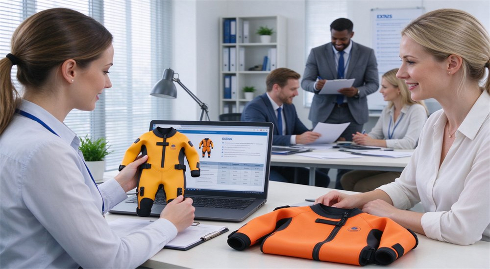 Customer consultation FAQ session with dry suit sample and laptop specs in bright office, showing technical support and procurement guidance for wholesale dry water rescue suits buyers Customer consultation FAQ session with dry suit sample and laptop specs in bright office, showing technical support and procurement guidance for wholesale dry water rescue suits buyers