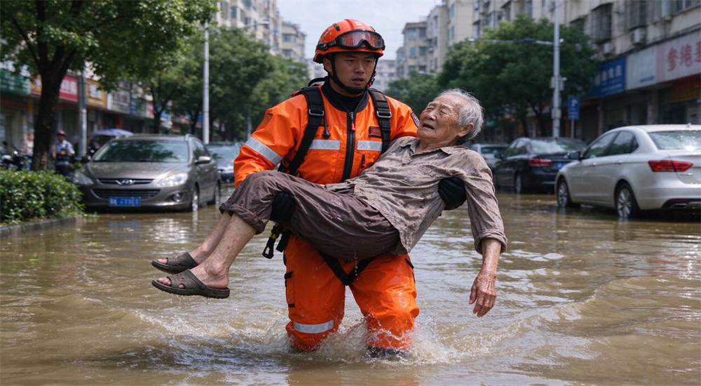 Urban flood rescue operation with rescuer in orange dry suit carrying victim through floodwater, demonstrating real-world application of waterproof thermal dry suits for emergency response