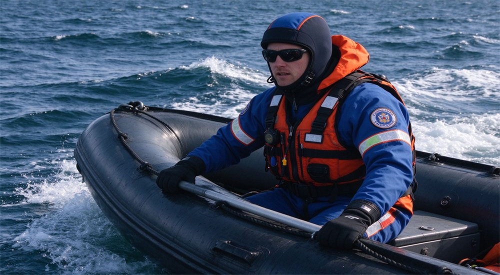 Coast guard open water rescue operation with rescuers in blue-orange dry suits on vessel, demonstrating professional waterproof thermal dry suits for maritime government bulk procurement contracts
