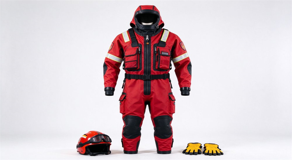 Professional high-performance dry suit in red-black with Kevlar reinforcement displayed showing TIZIP zipper and abrasion zones, illustrating premium bulk dry water rescue suits for technical rescue teams