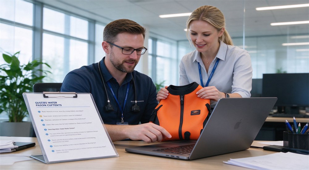 Customer reviewing FAQ documentation with orange dry suit sample and laptop in bright office, showing procurement guidance and technical support for wholesale dry rescue suits institutional buyers