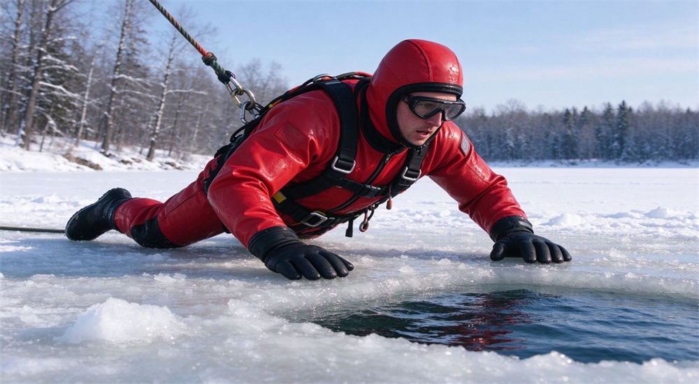 Ice rescue operation with rescuer in red dry suit on frozen lake demonstrating cold-water dry suit for government emergency response bulk procurement