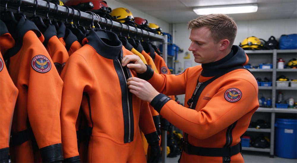 Dry suit maintenance and inspection in gear room showing quality check procedure for wholesale bulk dry water rescue suits inventory management