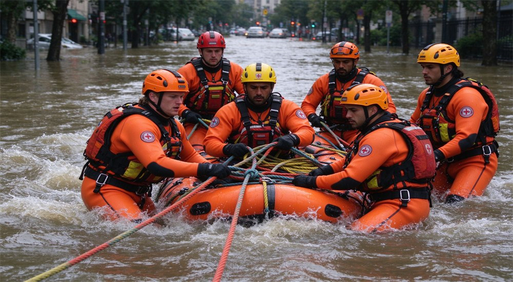 Action scene of professional flood rescue team in bright orange neoprene wetsuits conducting swiftwater rescue operation in urban floodwaters with rescue ropes and high visibility gear
