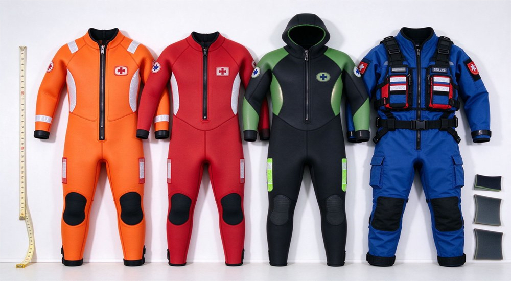 Comparison product shot of four different wetsuit water rescue suit styles including one-piece two-piece titanium coated and heavy-duty models displayed side by side for style selection Comparison product shot of four different wetsuit water rescue suit styles including one-piece two-piece titanium coated and heavy-duty models displayed side by side for style selection