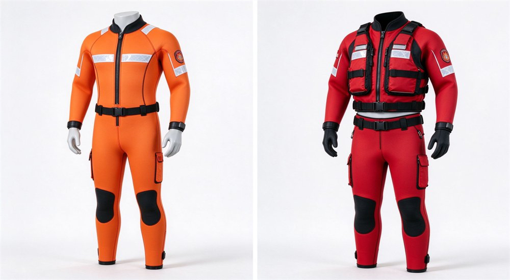 Side by side comparison of one-piece versus two-piece wetsuit water rescue suit configuration showing front zipper jacket and high waist pants system for versatility in flood response Side by side comparison of one-piece versus two-piece wetsuit water rescue suit configuration showing front zipper jacket and high waist pants system for versatility in flood response