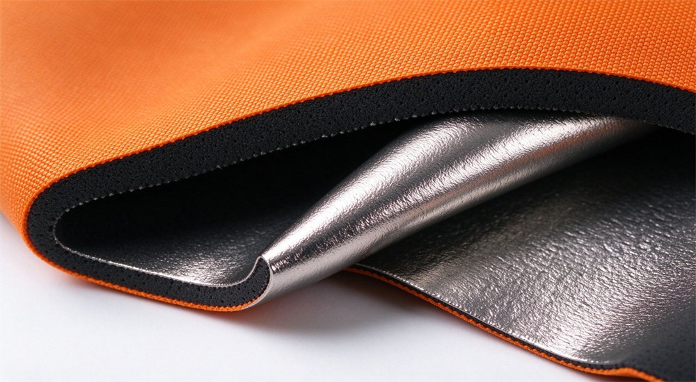 Close-up product detail of silver titanium coated inner lining on 4mm neoprene wetsuit material showing thermal reflective surface for body heat retention in cold water rescue operations Close-up product detail of silver titanium coated inner lining on 4mm neoprene wetsuit material showing thermal reflective surface for body heat retention in cold water rescue operations