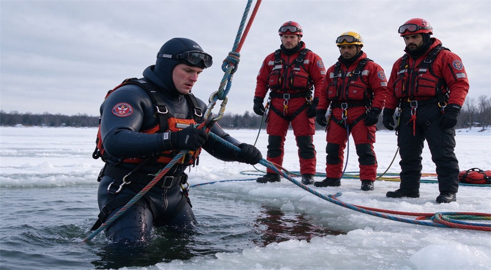 Application scene of cold water edge rescue operation showing rescuer in thick neoprene wetsuit at icy water edge with safety ropes and team support for winter water emergency response Application scene of cold water edge rescue operation showing rescuer in thick neoprene wetsuit at icy water edge with safety ropes and team support for winter water emergency response