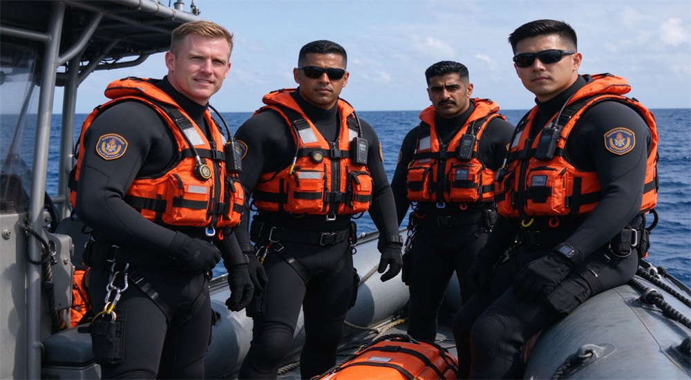 Application scene of coast guard boarding team in 3mm neoprene wetsuits conducting maritime vessel boarding operation from rigid inflatable boat with high visibility orange rescue gear